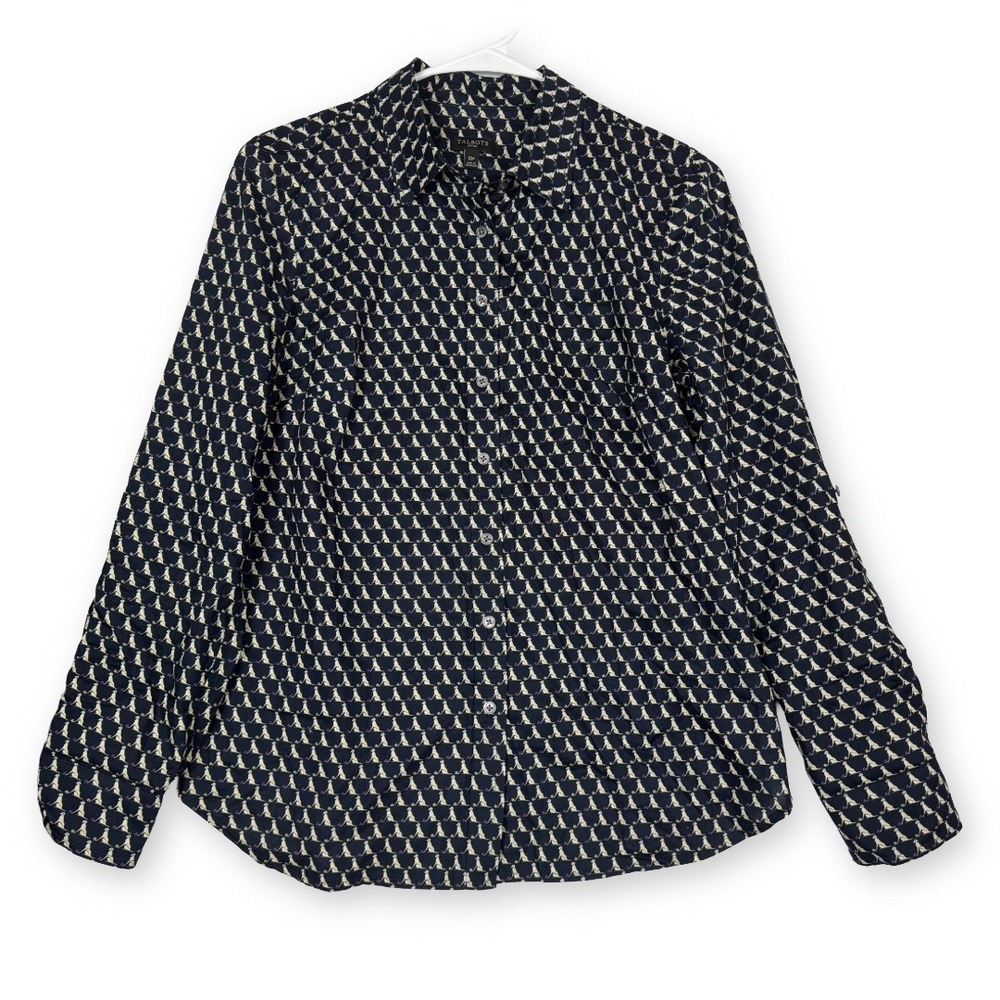 Talbots Petites Women 10P Navy Blue Cotton Dog Tennis Ball Print Button Down Top